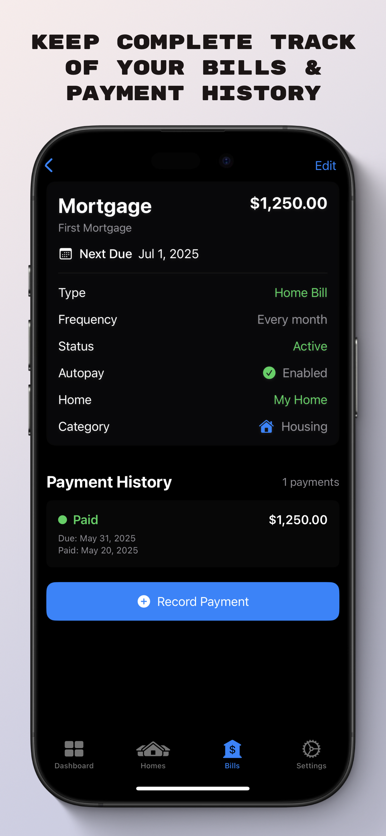 HOMEC bill management screen