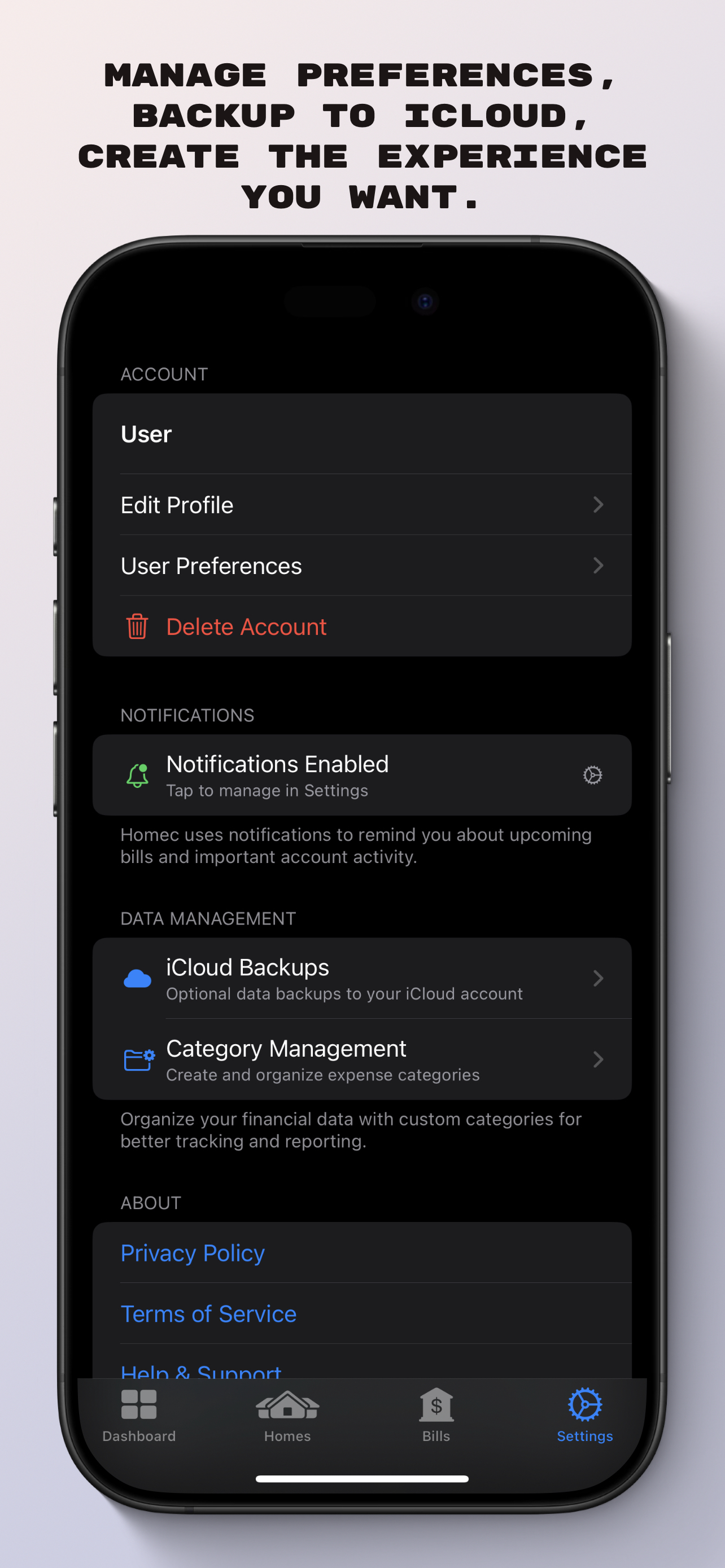 HOMEC settings screen